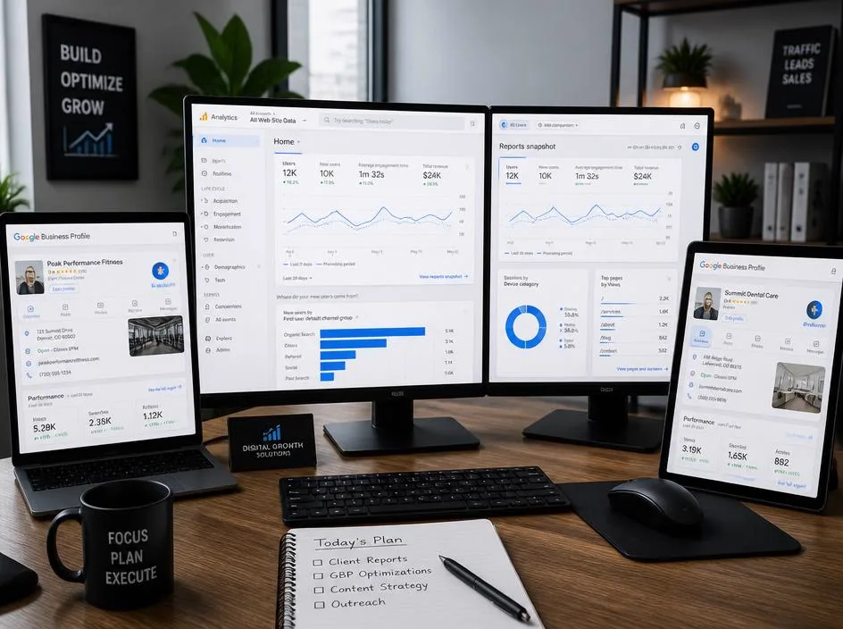 Modern workspace with analytics dashboards and Google Business Profile screens